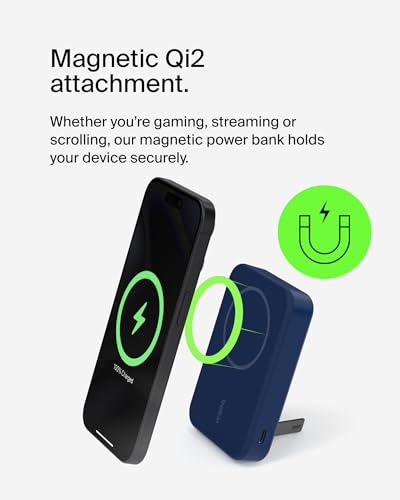 Belkin 10000mAh 15W Qi2 MagSafe Power Bank w/Built-in Kickstand | Wireless Charging Battery Pack, iPhone 17, Air, Pro, Pro Max, AirPods, Apple Watch, Google Pixel 10, Built-in Stand, Magnetic - color: Blue, style: 10K mAh