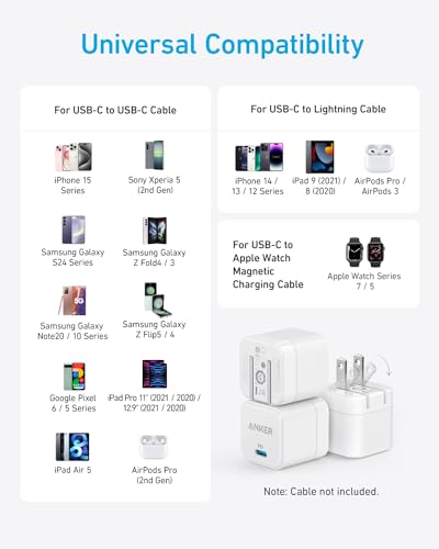 Anker USB C Charger with Foldable Plug, 20W USB C Charger Block for iPhone 17/16 / 15 and More Series, Galaxy, Pixel, iPad (3 Pack, Cable Not Included)