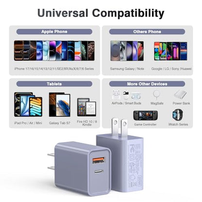 2 Pack USB C Charger Block, 20W USB-C & USB-A Port Adapter - color: Purple
