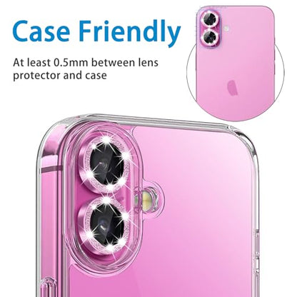 Designed for iPhone 16 and 16 Plus Camera Lens Protector, Bling Glitter Diamond Lens Cover 9H Tempered Glass Camera Cover Anti Scratch Shockproof Screen Protector - color: Pink Glitter