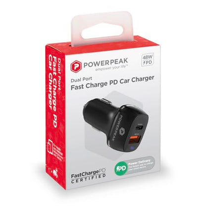 Car Charger, 48W Dual Port Car Charger, Black Power Delivery, USB-A and USB-C Ports, PD Charger, Compatible with iPhone - Apple and Android | Black