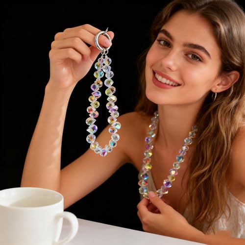 2 pcs Phone Wrist Strap Crystal Phone Charm Chain Keychain Beaded Cellphone Lanyard Detachable with 3 Tether Tab Hands-Free Wristlet Bracelet Wrist Grip for Women Girls Universal for iPhone White Pink - color: Crystal Set