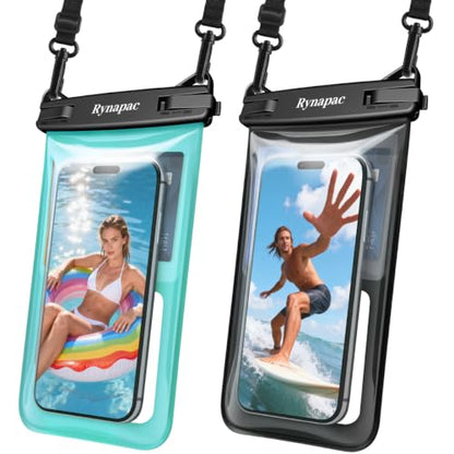 Rynapac Waterproof Phone Pouch Floating, 2 Pack IPX8 Dry Bag [Up to 8.5''] | Touchscreen & Underwater Photography, Adjustable Lanyard, for iPhone 17 16 15 Pro Max, Beach Cruise Essentials 2026 - color: Black & Green