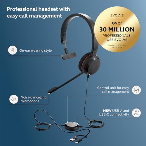 Jabra Evolve 20 Wired Headset (2025 Edition) - Single-Ear Set for Office and Work from Home - Call Control - Certified for MS Teams - USB-C/A Connectivity - Black - color: Mono, style: Teams Certified