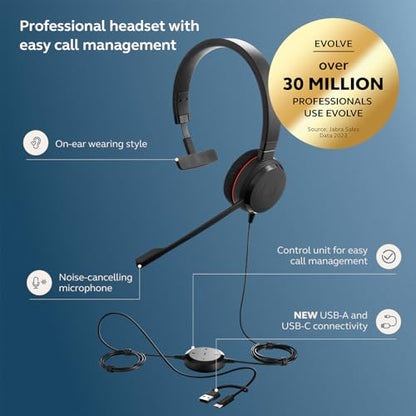 Jabra Evolve 20 Wired Headset (2025 Edition) - Single-Ear Set for Office and Work from Home - Call Control - Certified for MS Teams - USB-C/A Connectivity - Black - color: Mono, style: Teams Certified