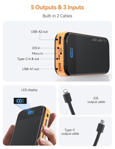Phone Battery Bank 32000mAh 22.5W w/Built-in Cables & USB C Fast Charging - color: Orange
