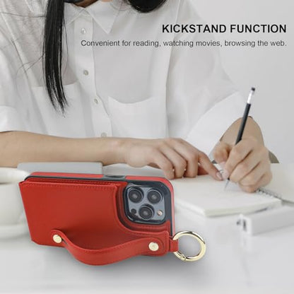 Folosu for iPhone 15 Pro Max Wallet Case with Card Holder, Hand Wrist Strap Loop Holder Kickstand, RFID Blocking Finger Grip Ring PU Leather Double Buttons Shockproof Cover 6.7" Red - color: Red