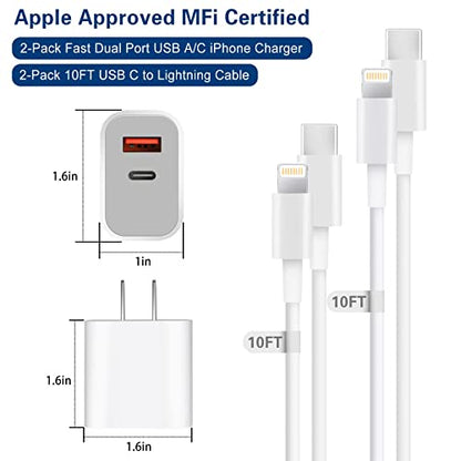 Fast Charger iPhone,Dual Port A/C iPhone Charger Fast Charging Block,2Pack Super Quick Double Apple iPhone Wall Charger Power Adapter 10FT USB C to Lightning Cable for iPhone 14/13/12/11/ProMax/XS/XR - size: 10FT