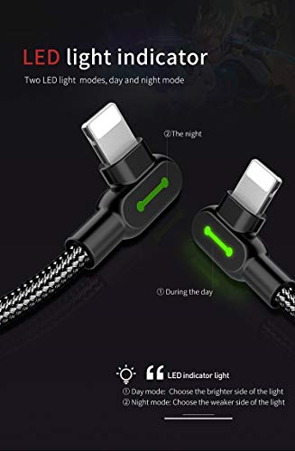 mcdodo USB 90 Degree Right Angle Elbow Design Game LEDCable Nylon Braided Sync ChargeDouble Size USB Data 6FT/1.8M Cable Compatible with iPhone 14/13/12/11 Pro Max (Black 6FT (iPhone))