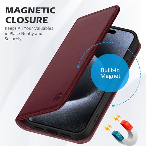 SHIELDON Genuine Leather Case Wallet for iPhone 15 Pro Max 6.7", Wine Red | Folio Magnetic Closure, RFID Blocking, Credit Card Holder, Kickstand, Shock Absorbing Protective Cover - color: Wine Red