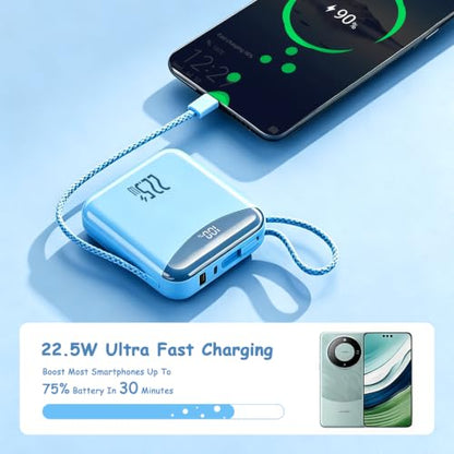 10000mAh Portable Charger with Built-in USB-C & Light-ning Cables, 22.5W Fast Charging Power Bank, Travel Battery Pack with LED Display for iPhone Samsung Android – Flight Approved - color: Cyan