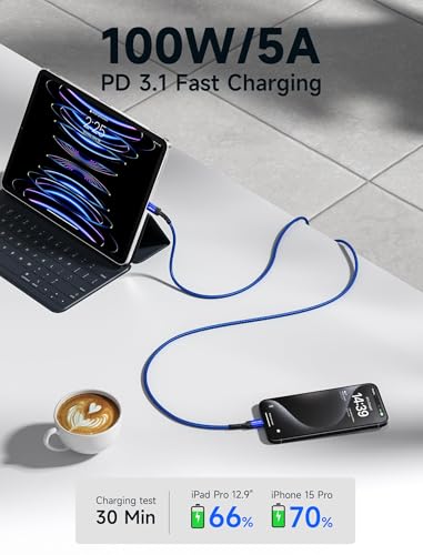 JSAUX 100W USB C to USB C Cable, 2-Pack 6.6FT, 5A Fast Charging, Blue - color: Blue, size: 6.6 ft+6.6 ft