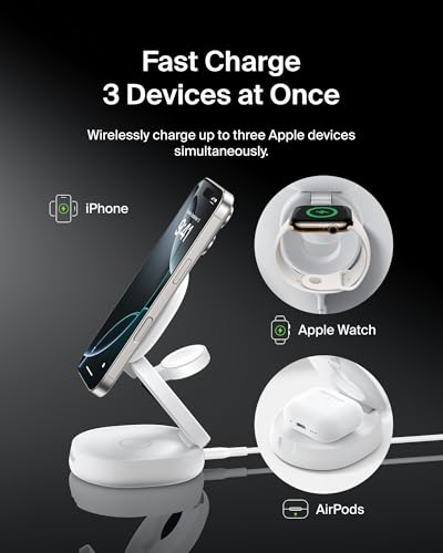 Belkin Qi2 15W Wireless Fast Charging Station, 3 in 1 iPhone Charger - color: White, style: 3 in 1