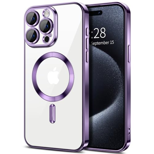 Hython Magnetic Clear for iPhone 15 Pro Max Case with Camera Lens Protector [Compatible with MagSafe] Plating Edge Slim Soft TPU Cover Protective Phone Case for iPhone 15 Pro Max 6.7", Deep Purple - color: Deep Purple, size: Iphone 15 Pro Max - 6.7 Inch