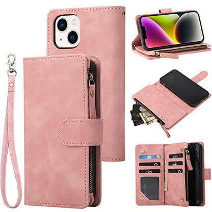 RANYOK Wallet Case Compatible with iPhone 13/14 (6.1 inch), Premium PU Leather Zipper Flip Folio Wallet RFID Blocking with Wrist Strap Magnetic Closure Built-in Kickstand Protective Case (Pink) - color: Pink