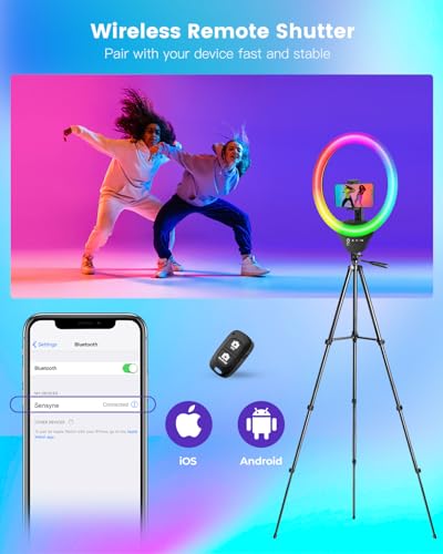 SENSYNE 10‘’ Ring Light with Stand, 50" Phone Tripod with Wireless Remote - size: 12-inch RGB Ring Light