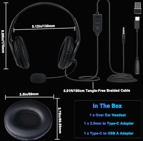 Megadream Wired Gaming Headset with Mic (3.5mm) - Headphone with to-Shiba Speaker, Protein Earpads Braided Cable for PS5/PS4/Xbox/Switch/PC/iPad/Tablet/Remote Work/Office- with USB-C/USB-A Adapter - color: Black | Dual Ear | Flexible Mic