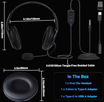 Megadream Wired Gaming Headset with Mic (3.5mm) - Headphone with to-Shiba Speaker, Protein Earpads Braided Cable for PS5/PS4/Xbox/Switch/PC/iPad/Tablet/Remote Work/Office- with USB-C/USB-A Adapter - color: Black | Dual Ear | Flexible Mic