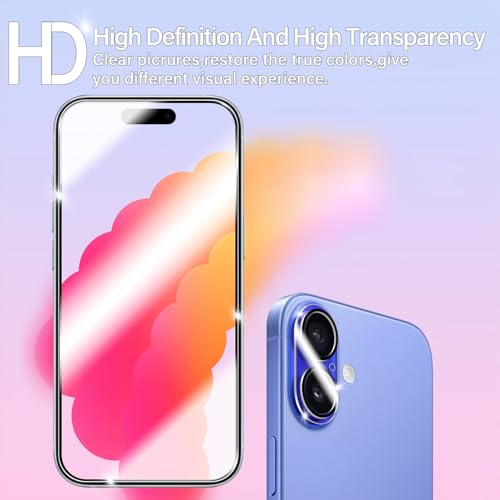 BIGFACE for iPhone 16 Screen Protector + Camera Lens Protectors, [2 + 2 Pack] Premium HD Tempered Glass, Anti-Bubble 3D Curved Accuracy Film For iPhone 16(6.1 Inch) - size: iPhone 16(6.1")