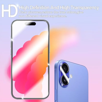 BIGFACE for iPhone 16 Screen Protector + Camera Lens Protectors, [2 + 2 Pack] Premium HD Tempered Glass, Anti-Bubble 3D Curved Accuracy Film For iPhone 16(6.1 Inch) - size: iPhone 16(6.1")