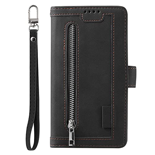 EYZUTAK Wallet Phone Case for Samsung Galaxy A13 5G/4G/A04S, Retro Matte 9 Card Holder Slots Zipper Pocket Case PU Leather Magnetic Closure Kickstand Wrist Strap Shockproof Folio Flip Cover- Black - color: Black, size: Samsung Galaxy A13/A04S