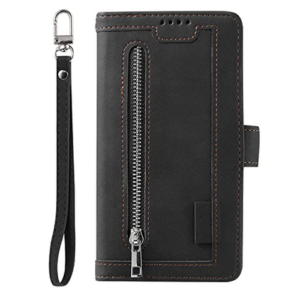 EYZUTAK Wallet Phone Case for Samsung Galaxy A13 5G/4G/A04S, Retro Matte 9 Card Holder Slots Zipper Pocket Case PU Leather Magnetic Closure Kickstand Wrist Strap Shockproof Folio Flip Cover- Black - color: Black, size: Samsung Galaxy A13/A04S