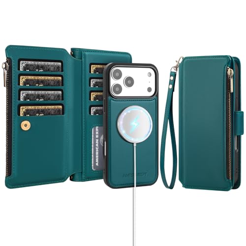 Antsturdy Compatible with MagSafe iPhone 17 Pro Wallet Case,Indigo Blue | Detachable Magnetic Credit Card Holder,RFID Blocking,PU Leather Zipper Purse,Wrist Strap Kickstand,Flip Phone Cover for Women - color: (Detachable with Magsafe)-Indigo Blue