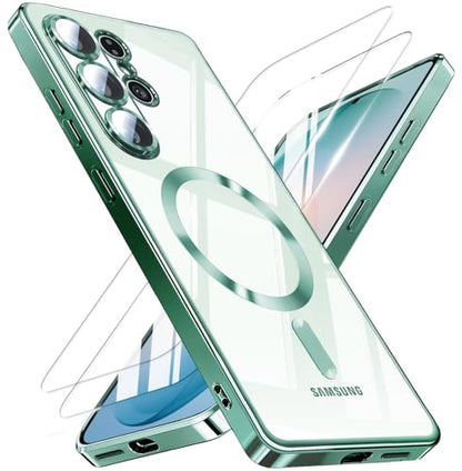 Magnetic for Samsung Galaxy S26 Ultra Case with 2X Screen Protector & Full Camera Cover,Fit with MagSafe,Plating Soft Glossy Luxury Shockproof Women Girls Phone Cases for Galaxy S 26 Ultra ,Green - color: Green-S26 Ultra