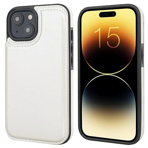 ONETOP Compatible with iPhone 15 Wallet Case with Card Holder, PU Leather Kickstand Card Slots Case, Double Magnetic Clasp and Durable Shockproof Cover 6.1 Inch (White) | Kickstand,ID/Cash Holder,Case Wallet with Card Slots,Double Magnetic Clasp,Durable P
