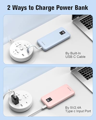 AsperX 2-Pack 10000mAh Portable Charger Built-in USB C Cables, LED Display - color: Bule+pink