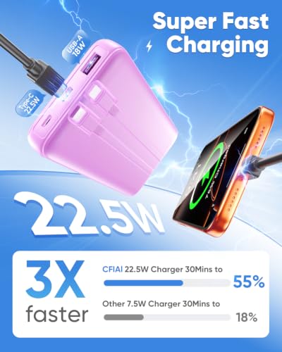 CFIAI Portable Charger 15000mAh Slim Power Bank with Built in Cables