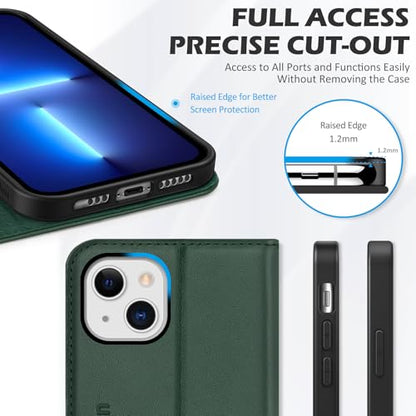 SHIELDON Genuine Leather Case Wallet for iPhone 13 6.1", Midnight Green | Folio Magnetic Closure, RFID Blocking, Credit Card Holder, Kickstand, Shock Absorbing Protective Cover - color: Midnight Green