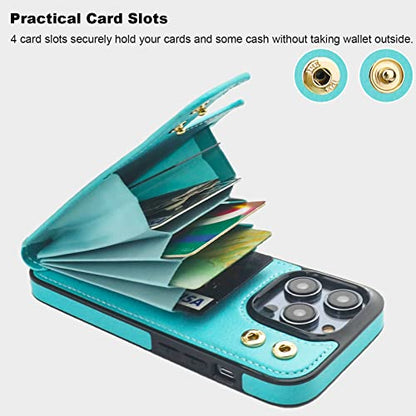 Folosu Compatible with iPhone 14 Pro Case Wallet with Card Holder, 360°Rotation Finger Ring Holder Kickstand, RFID Blocking Leather Protective Double Buttons Shockproof Cover 6.1 Inch Green - color: Mint Green, size: iPhone 14 Pro