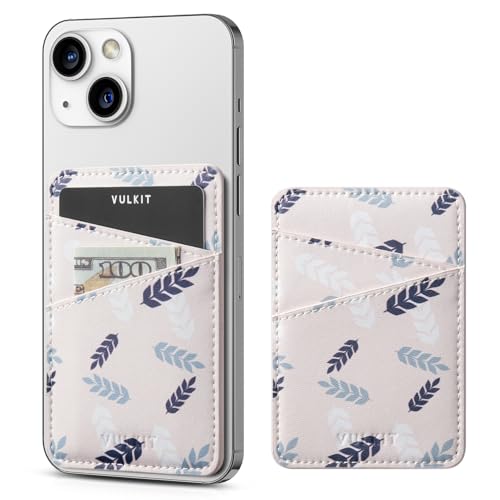 VULKIT Phone Card Holder Wallet Leather Adhesive Pocket RFID Blocking Credit Card Sleeves Stick Back of Phone Smartphones White - color: Leaf White