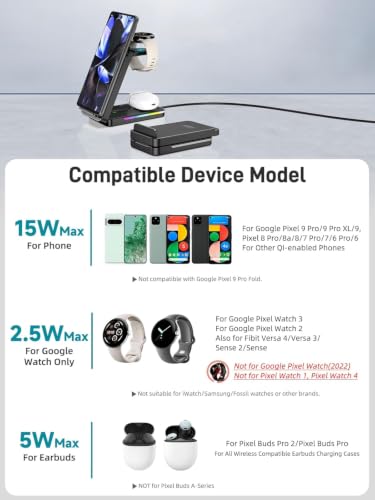 Wireless Charger for Pixel Watch 3/2, 3 in 1 Charging Station for Google
