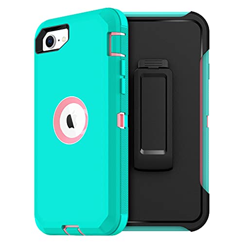 MXX Case Designed for iPhone SE Case 2020 /SE 2022 Heavy Duty Protective with Screen Protector [3 Layers] Rugged Rubber Protection Cover & Rotating 360 Degree Belt Clip SE 3rd/2nd Gen(Teal/Light Pink) - color: Teal/Light Pink