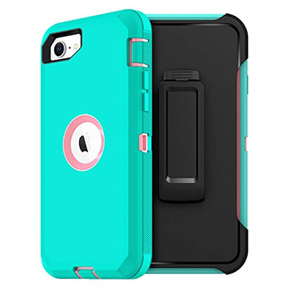 MXX Case Designed for iPhone SE Case 2020 /SE 2022 Heavy Duty Protective with Screen Protector [3 Layers] Rugged Rubber Protection Cover & Rotating 360 Degree Belt Clip SE 3rd/2nd Gen(Teal/Light Pink) - color: Teal/Light Pink