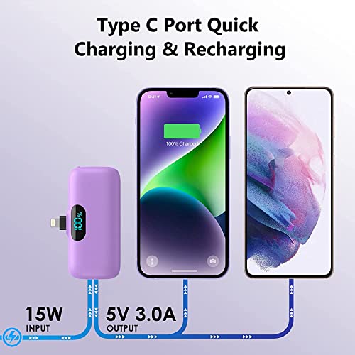 [2 Pack] Mini Portable Charger 5000mAh,Ultra-Compact 15W PD Fast Charging Power Bank,LCD Display Cute Battery Pack Backup Charger Compatible with iPhone 14/14 Pro Max/13 Pro/12/11/XR/8/7-Green+Purple - color: z-Green+Purple