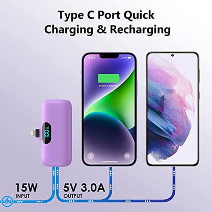 [2 Pack] Mini Portable Charger 5000mAh,Ultra-Compact 15W PD Fast Charging Power Bank,LCD Display Cute Battery Pack Backup Charger Compatible with iPhone 14/14 Pro Max/13 Pro/12/11/XR/8/7-Green+Purple - color: z-Green+Purple