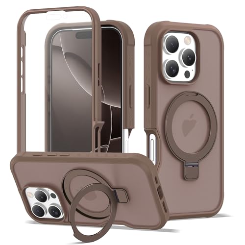 Compatible with iPhone 16 Pro Case with Magnetic Ring Stand [Compatible with Mag-Safe] [Built-in Screen Protector] Military-Grade Drop Protection Matte Translucent Phone Case, Desert Brown - color: Desert Brown, size: Iphone 16 Pro