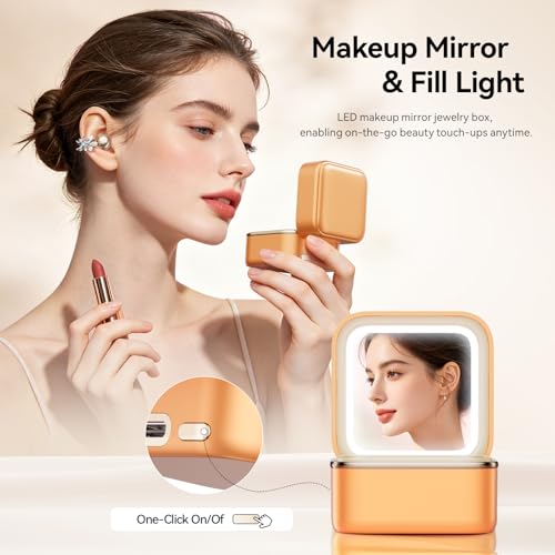 Clip On Earbuds with Detachable Butterfly Earrings & LED Makeup Mirror Case, Wireless Earbuds Bluetooth 6.0, Air Conduction Headphones, Lightweight for Travel Work Daily Use,Great Gift Choice - color: Sunset Gold