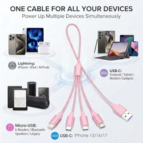 4 in 1 Multi Charging Cable 4ft 2 Pack,Braided MFi Certified Charger Cable - color: Rose-4ft-2Pack