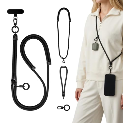 4-in-1 Phone Lanyard, Crossbody, Neck, Wrist & Finger Strap - color: Black