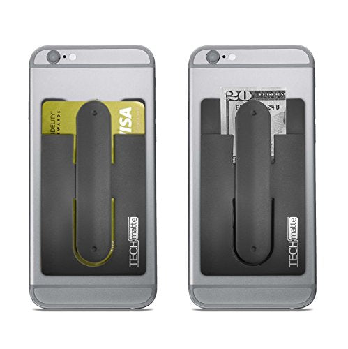 TechMatte Phone Wallet-Stick On Card Holder and Money Clip | with Built-in Phone Stand (2-Pack, Black)