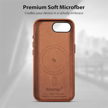 Belemay Handcrafted Full-Grain Vegetable-Tanned Leather Case for iPhone 17e / iPhone 16e, Compatible with MagSafe, Two-Tone Effect, Natural Patina, Metal Buttons Luxury Cover (6.1"), Saddle Brown - color: Saddle Brown