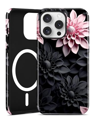 Jusy Magnetic Floral Phone Case for iPhone 14 Pro,Black Pink | Compatible with MagSafe, Cute Aesthetic Floral Design, TPU and PC Protective Shockproof Cover - color: Black Pink Lotus
