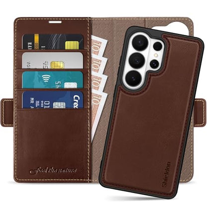 SHIELDON 2 in 1 Leather Case Wallet for Galaxy S26 Ultra 6.9", Retro Coffee | Genuine Leather, Detachable, RFID Blocking, Credit Card Holder, Magnetic Closure, Kickstand, Folio Shock Absorbent Cover - color: Retro Coffee