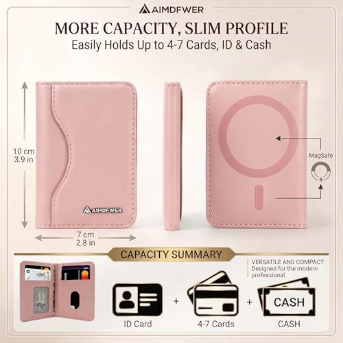 MagSafe Wallet Stand with ID Window, 7 Card Holder with RFID Blocking for MagSafe Phone and Case, Slim Leather Magnetic Wallet for iPhone 17e/17/16/15/14/13/12 Series(Pink) - color: Pink