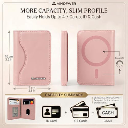 MagSafe Wallet Stand with ID Window, 7 Card Holder with RFID Blocking for MagSafe Phone and Case, Slim Leather Magnetic Wallet for iPhone 17e/17/16/15/14/13/12 Series(Pink) - color: Pink