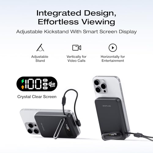 EF ECOFLOW Rapid Mag Power Bank, Qi2.2 25W MagSafe-Compatible Portable Charger, 10,000mAh Magnetic Power Charger with Built-in USB-C Cable and Foldable Stand, for iPhone 17/16/15 - color: Black